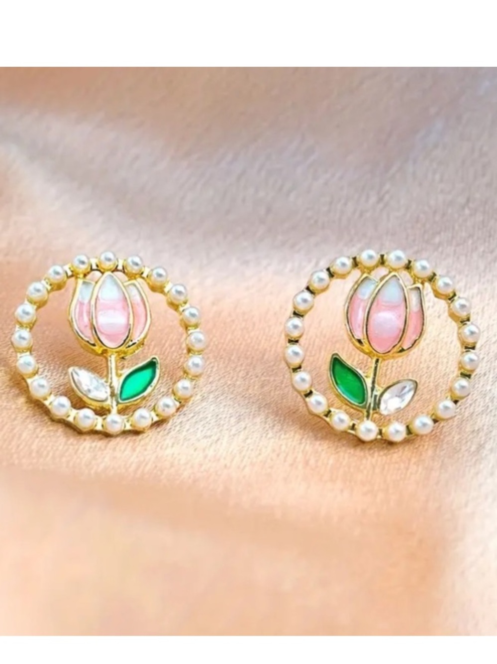 Pearl & Diamond Tulip Flower Circle Gold Toned Stud Earrings